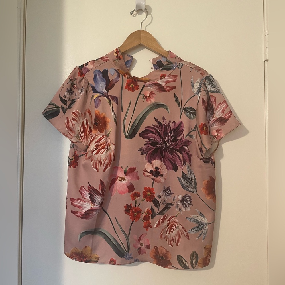 J. Crew Pink Floral Mock Neck Top, Size Medium